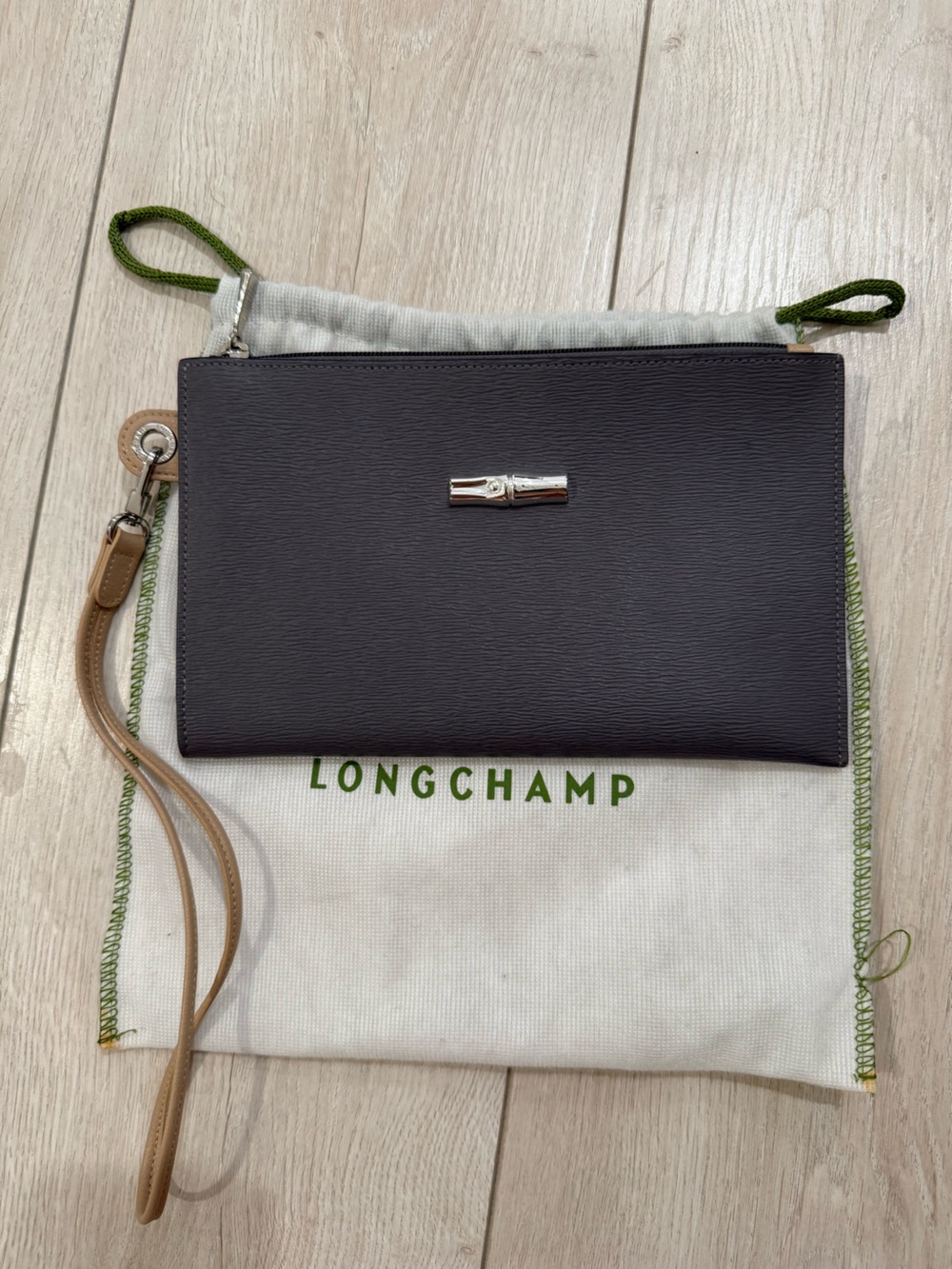 Longchamp Grey Textured Leather Wristlet with Tan Strap